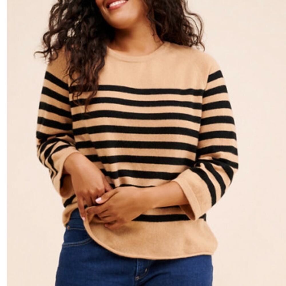 Nouveaux Anthropologie 100% Cashmere Sweater Stripe Camel Black Boxy Size 2X